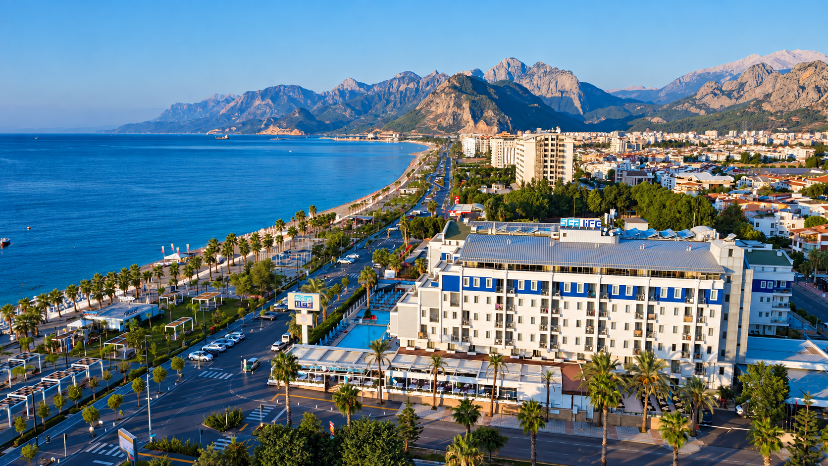 Antalya coastline with the Taurus mountains behind the bay