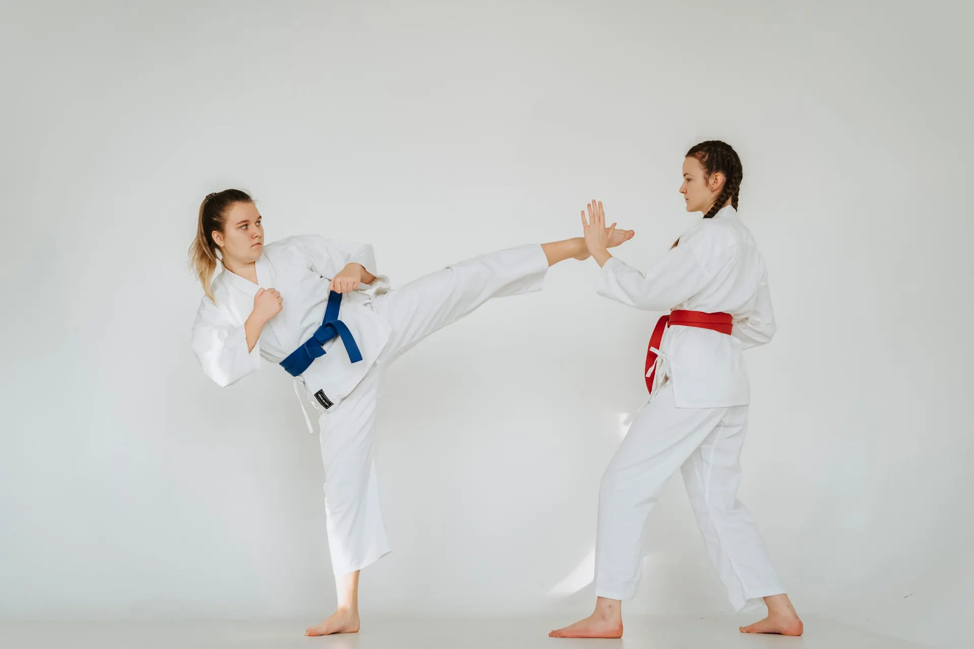 Two karateka practising kumite, a front kick met with an open-hand block